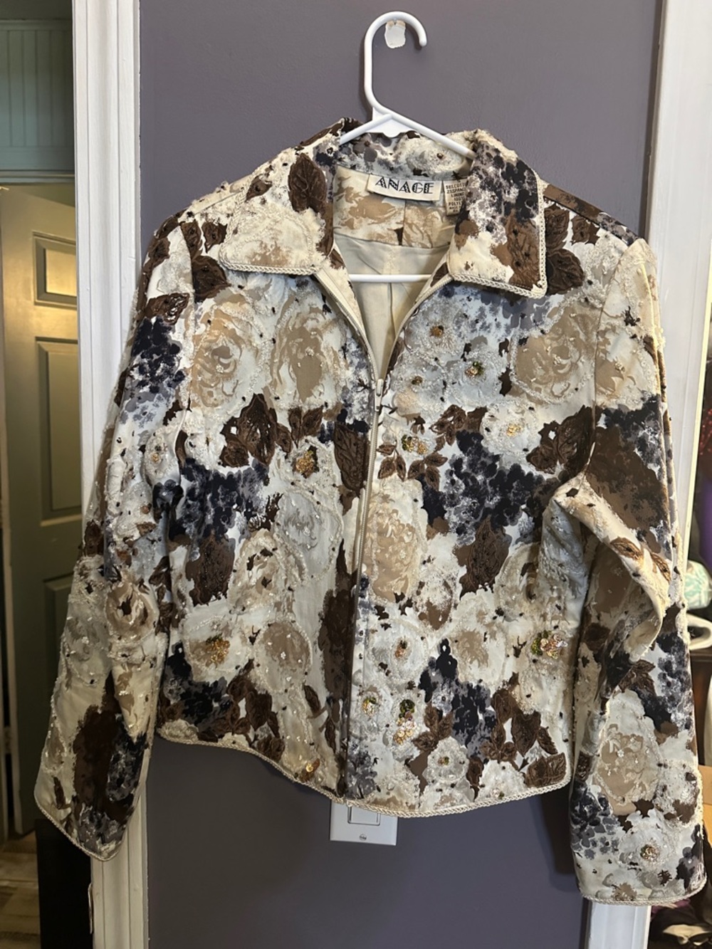 Anage Cream, Brown and Black Floral Zip Jean Jacket